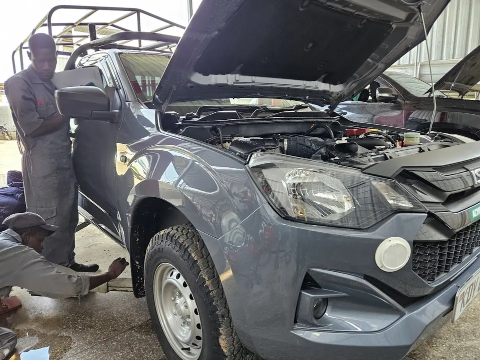 D-MAX wheel check. Tyres and suspension looked over on the lift