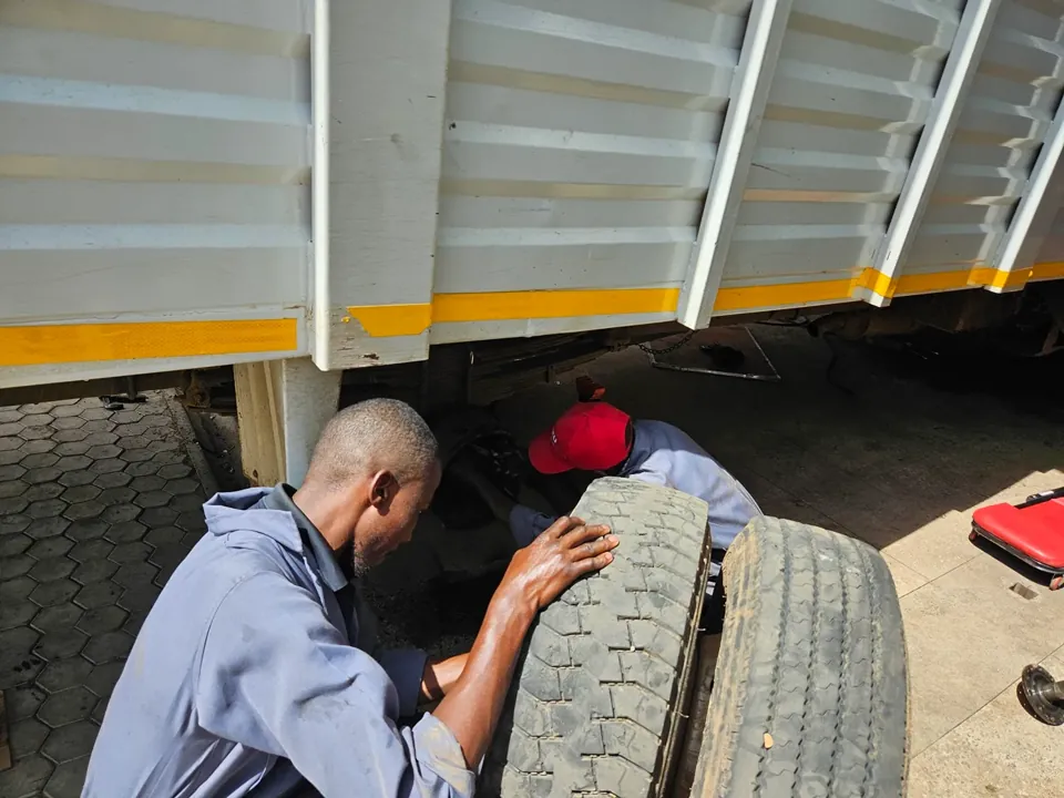 Truck service. Wheels and running gear on a working lorry