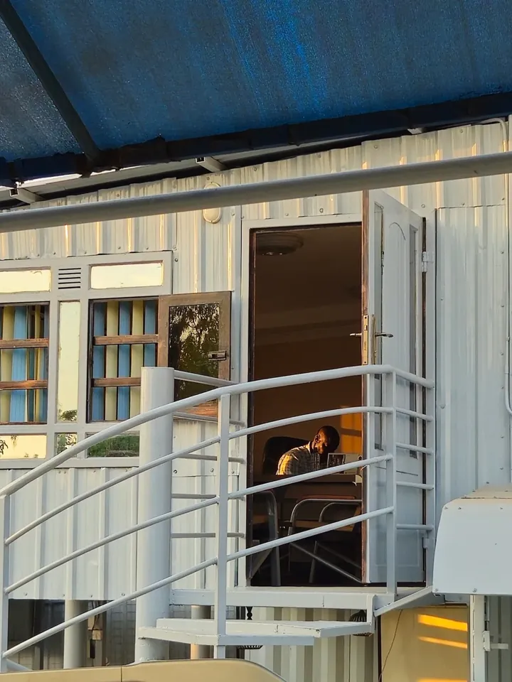 Office at dusk. Open until 5 PM on weekdays